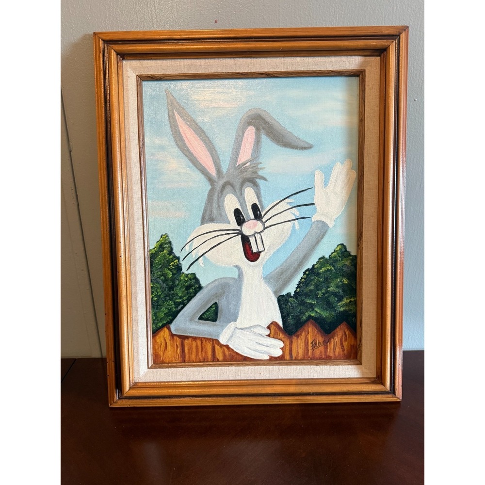Vintage Framed Cartoon Rabbit Painting Signed Canvas Whimsical Wall Art